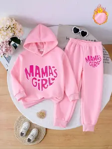 Autumn Winter Kids Hooded Sweatpants Set, Cute Cherry Letter Print, Fitted Casual Style, Thick Fabric, Perfect for Fall & Winter Seasons