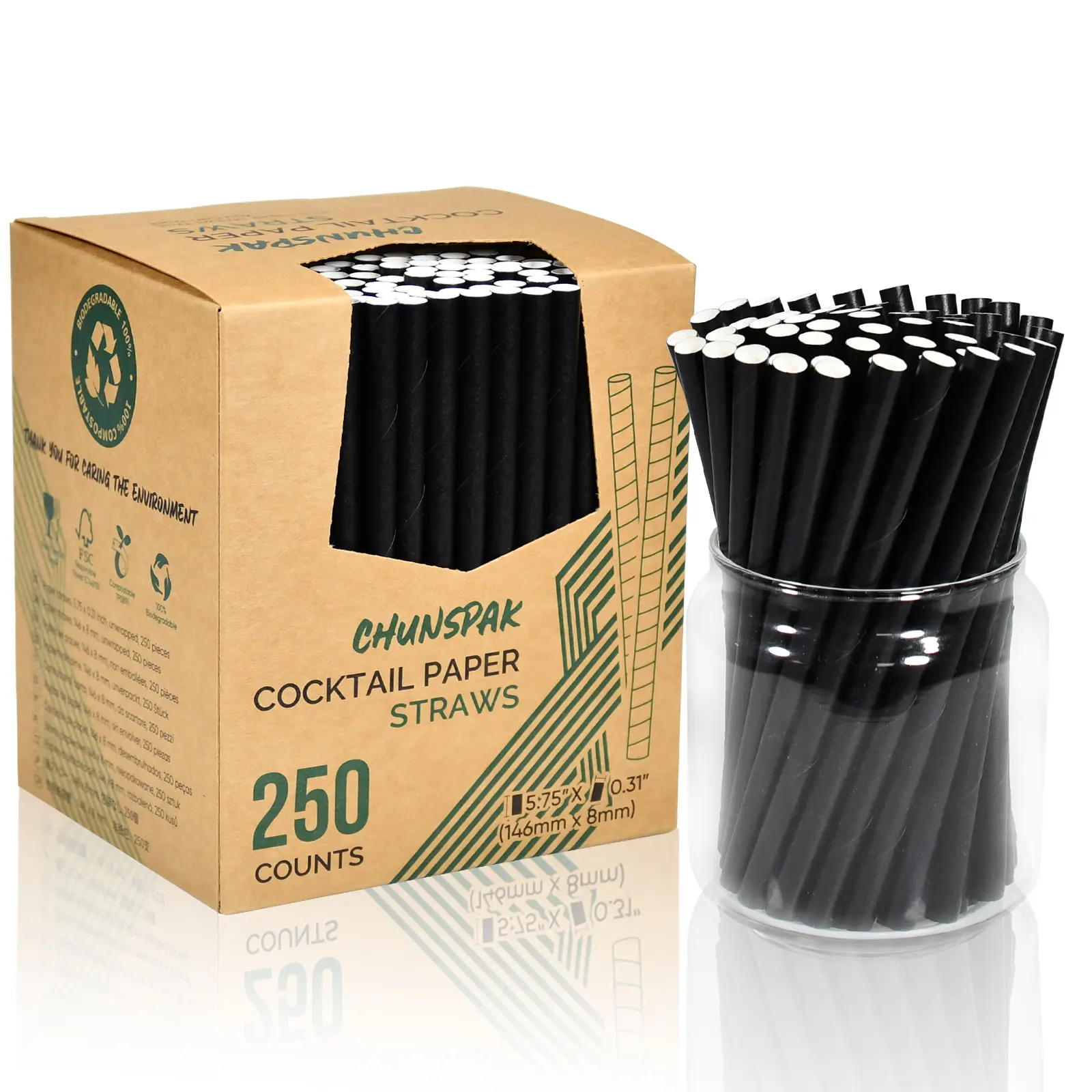 5.75 inch 8mm Wide Short Black Paper Drinking Straws Disposable for Lowball Glasses, Blended Cocktails, Margaritas, Bars, Restaurants - Unwrapped [250 Counts]