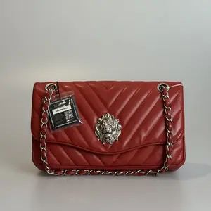 Pre-owned CHANEL Lambskin Shoulder Bag Red Lion Head with Chevron Quilt 77840562