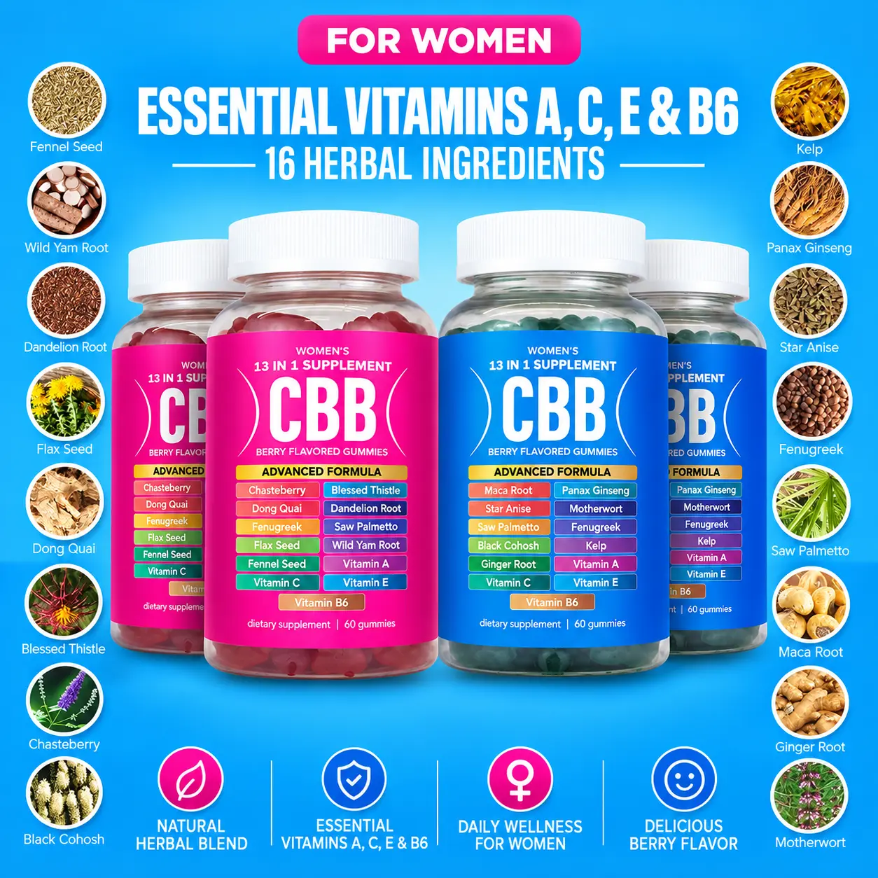 CBB Women’s Dietary Chewable Daily Vitamin Gummies - Gluten Free, Essential Vitamins A,C,E&B6, 16 Herbal Ingredients, 4-Bottle Multi-Pack, Berry Flavor, 240 Gummies for All Ages