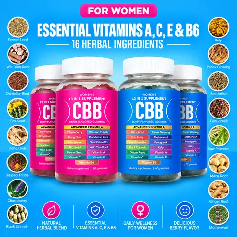 CBB Women’s Edible Daily Vitamins Chewable Gummies - Natural Supplement, Gluten Free, Essential Vitamins A,C,E&B6, 16 Herbal Ingredients, 4-Bottle Multi-Pack, Berry Flavor, 240 Gummies for Fitness & Adults