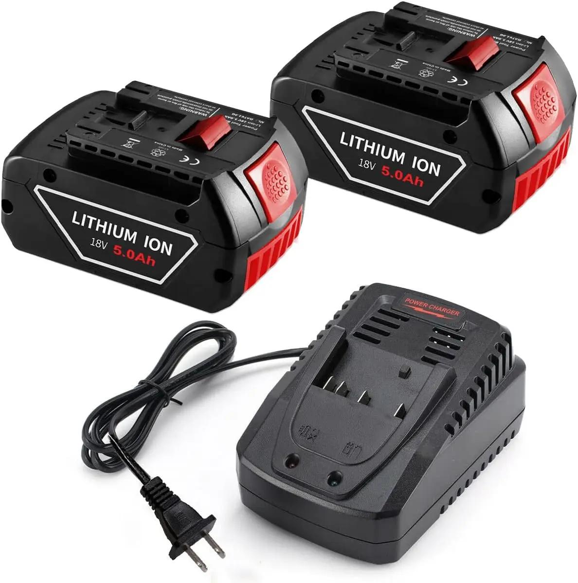 18V 2-Pack 5.0Ah/5000mAh Li-ion Replacement Batteries with Over-Protection Cells, 14.4v-18v Power Tool Accessories Charger Kit (100V-260V 50/60Hz) for Bosch Lithium Series (Fits BAT609,BAT618,BAT622,BAT619,BAT610G), Easy Installation for Cordless Tools