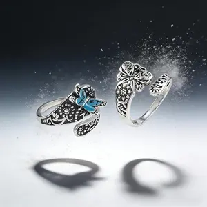 AELNEN Silver-Tone Enamel Butterfly/Dragonfly Adjustable Rings - Intricate Floral Pattern Statement Rings - Vintage Style Jewelry - Gift for Her