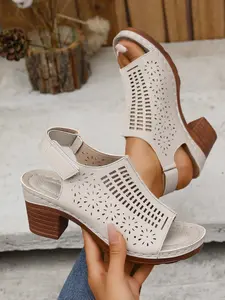 Women's Chunky Heel Hollow-Out Breathable Lightweight Strappy Sandals, Peep Toe Sandals, Casual Open Toe PU Shoes, Cuban Heel, Less Than Ankle Height, PVC Sole, Footwear