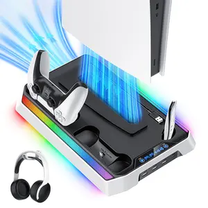 HUPEND Charging Base Cooling Bracket for PS5/Slim/Pro Stand for Disc & Digital Console, PS5 Cooling & Charging Station with RGB Ambient Lighting, PS5 Controller Charger Built-in 3 Level Fan, PS5/Slim/Pro Accessories Comes 3 USB Ports ，1 type C support