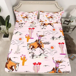 Pink Howday Bed Sheet Set Boys Girls Weatern Decor Fitted Sheet for Kids Women Men Ultra Soft Wild West Cowboy Cowgirl Bedding Set Rodeo Cowboy Style Bed Cover Horse Bed Set