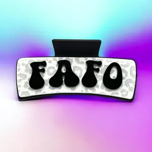 FAFO Hair Claw Clip - White Leopard Print with Retro Groovy 'FAFO' Font large random color