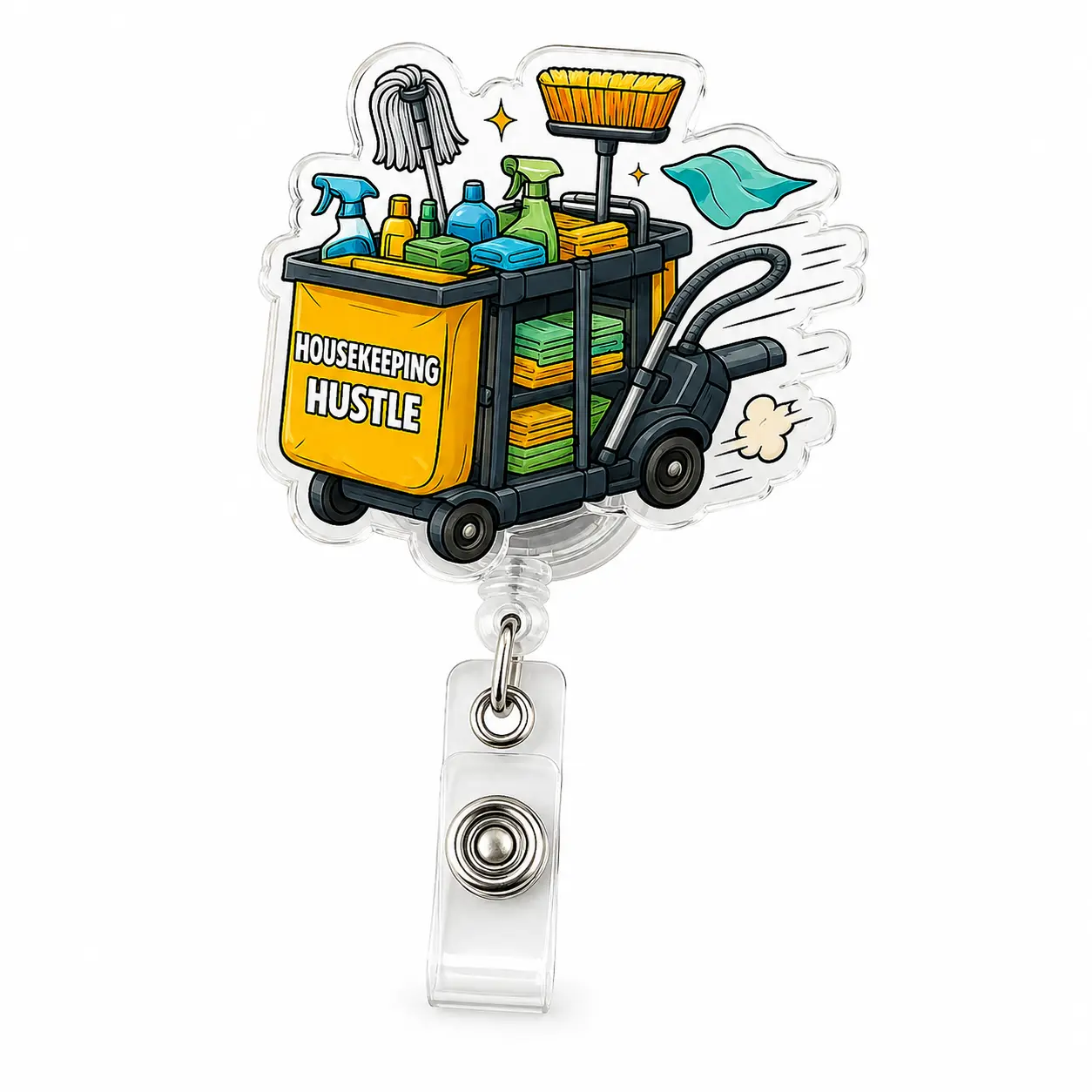 Housekeeping Hustle Badge Reel, Cleaning Cart Retractable ID Badge Holder, Hotel Housekeeper Acrylic Badge Reel for Cleaning Staff, Maid, Janitor, Hotel Employees, Nurses and Custodial Workers