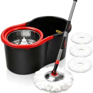 Spin Mop and Bucket Set, Mop and Bucket with Wringer Set, 360°Spin Mop Kit with 3 Extra Microfiber Mop Replacement Heads, Spinning Mop Bucket System for Floor Cleaning