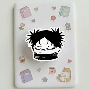 Magnetic Phone Grip JJK Grumpy Anime Boy Kindleholder – Tired Face Chibi Sorcerer Character, Relatable Mood Black Hair Grip, Magneticphonegrips for Students, Funny Bestie Gif