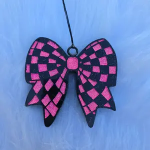 Checkered Bow Car Freshie - Black & White Patterned Design, Chain Attachment, Cute and Unique Car Accessory