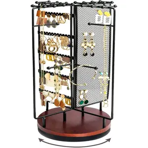 Rotating Jewelry Organizer Stand with 28 Necklace Hooks, Earring Holder Organizer, Holds More Than 100 Pairs Earrings, Black Boxes Wooden Bamboo Bracelet