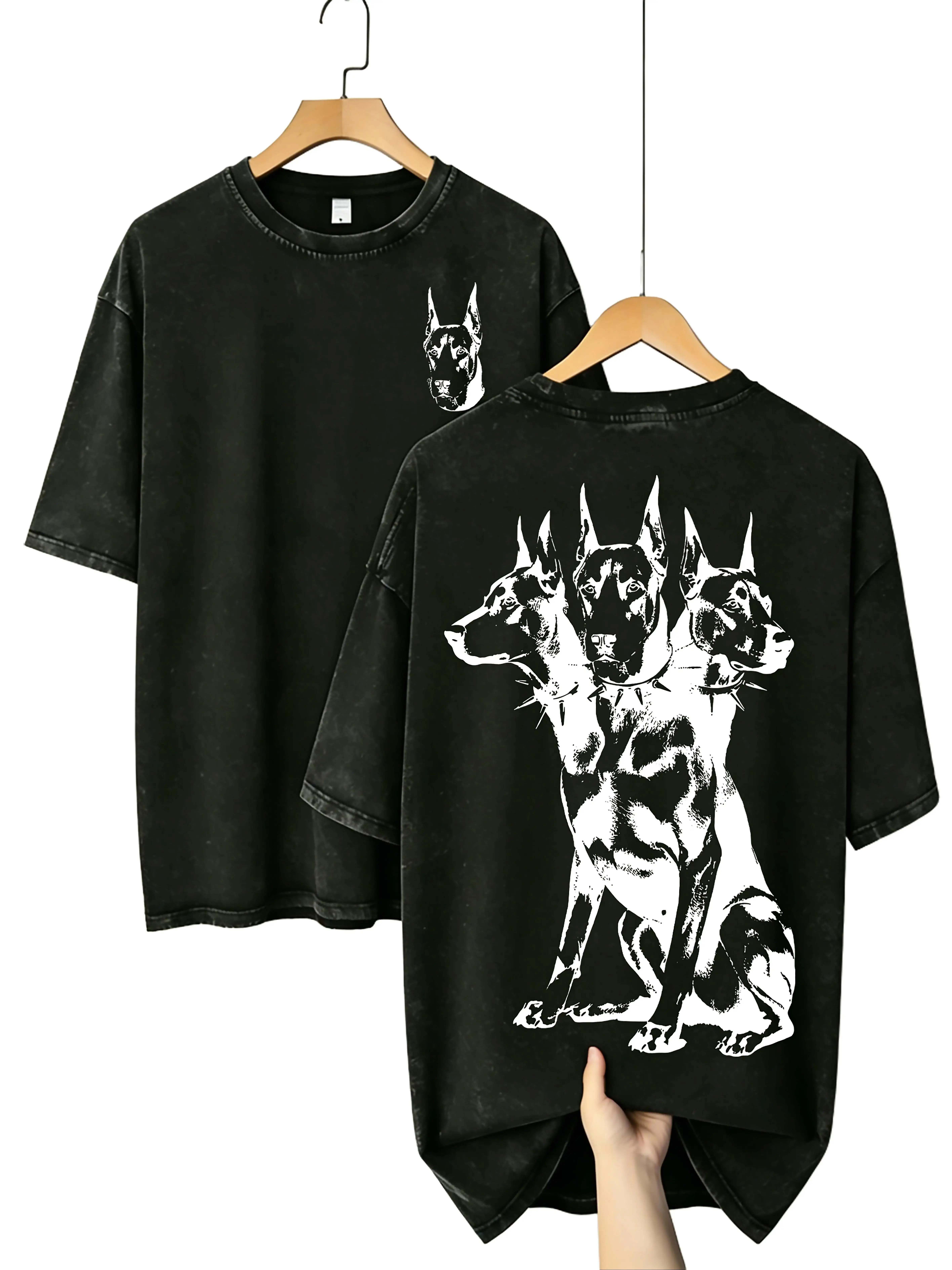 Men's Cotton Oversized Washed Short-Sleeve Tee - 3-Headed Doberman Graphic, Dark Dog Grunge Y2K Unisex Streetwear T-Shirt stylish comfy graphic tee fashion men trendy casual wear soft short-sleeve round neck sleeve top attire everyday