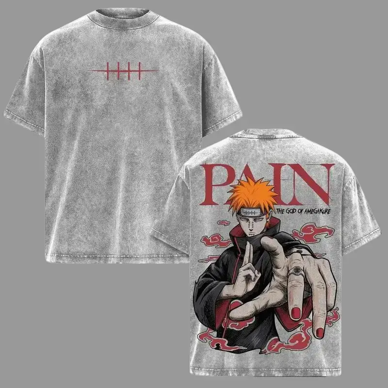 Washed Anime T-shirt of Pain and Nagato, Retro Dark Street Style Printed T-shirt of Akatsuki from Naruto, Gift for Men, Casual American Short-sleeve T-shirt, Anime-themed Crew Neck Printed Top |   Oversized Retro Washed Anime T-shirt