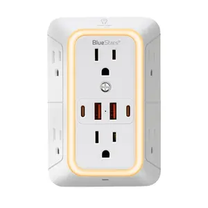 Wall Mount Power Strips Wall Charger 6 Outlet Extender 4 USB Ports (5V, 2.4A, 12W) and Night Light 3-Sided Power Strip with Adapter Spaced Outlets - Multi Plug Outlet Surge Protector for Home Office