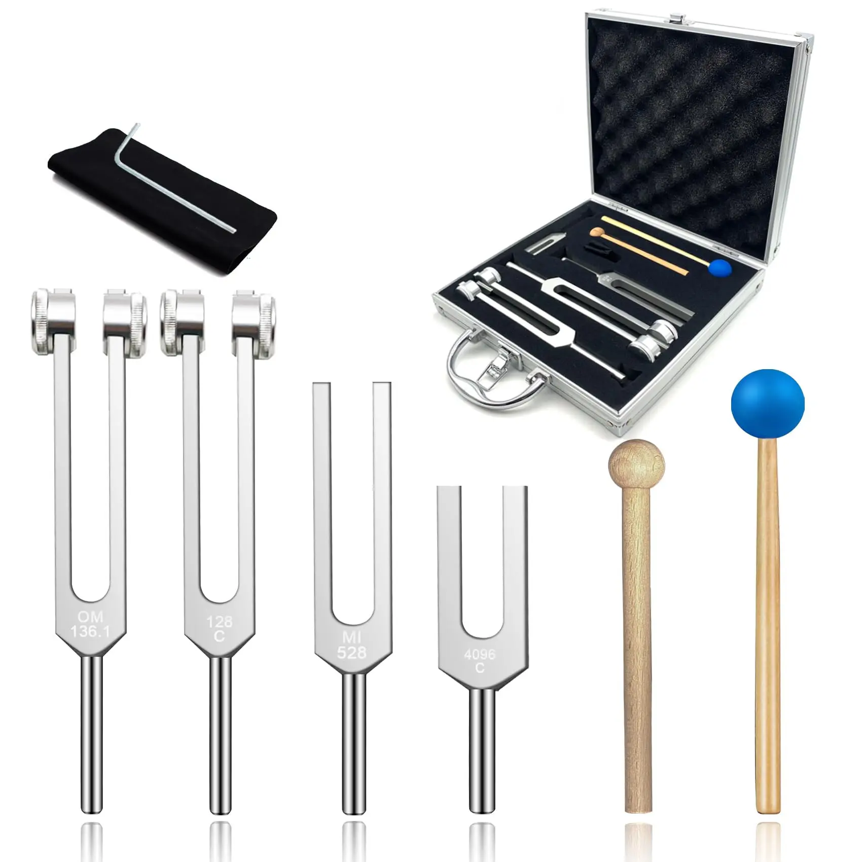 Tuning Fork Set 4 Pieces (128hz, Om 136.1hz, Mi 528hz, 4096hz), Body Adjustment Fork for Chakra Therapy, Stress Relief, Dna Repair, Velvet Bag Packaging