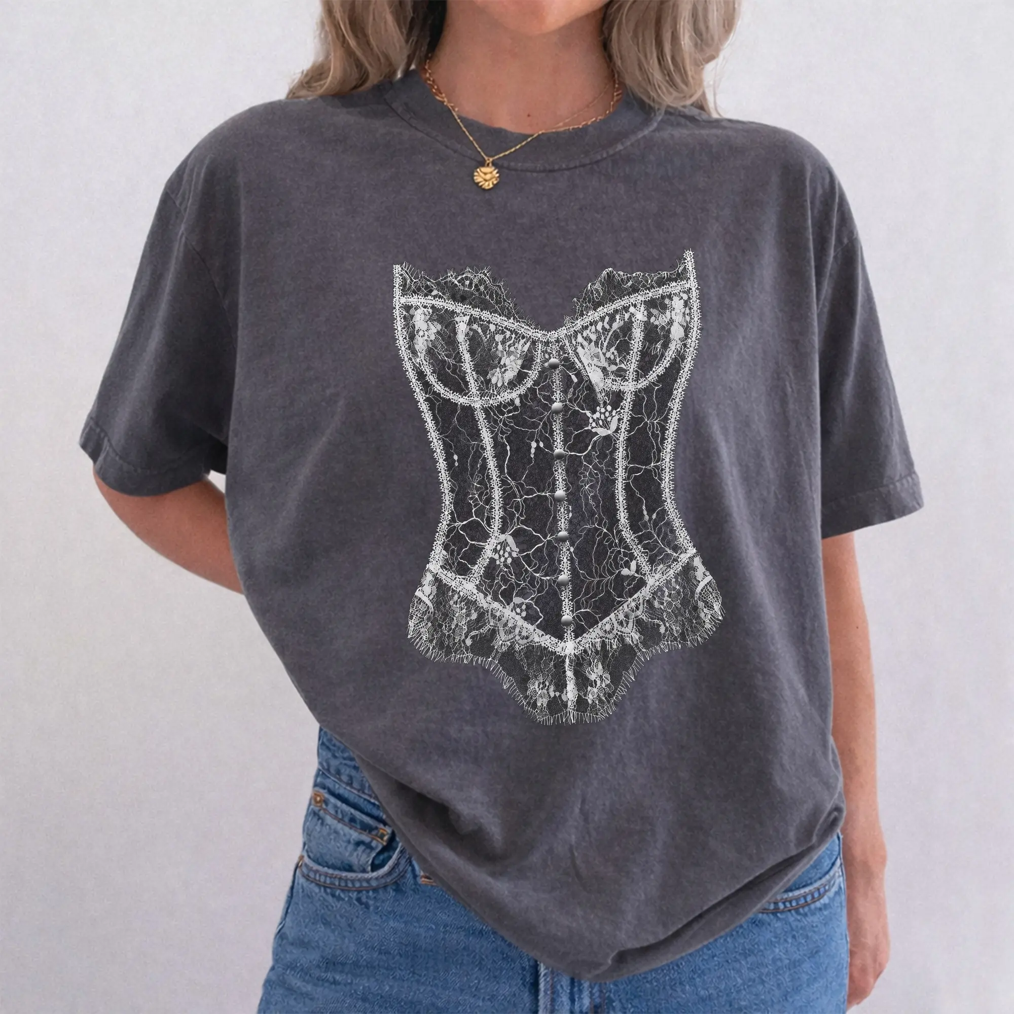 ChicCotton Lace Corset Shirt, Lace Lingerie Heavyweight Cotton T-shirt, Dark Feminine Graphic Tee, Romantic Goth Clothing, Gift For Her Outfits