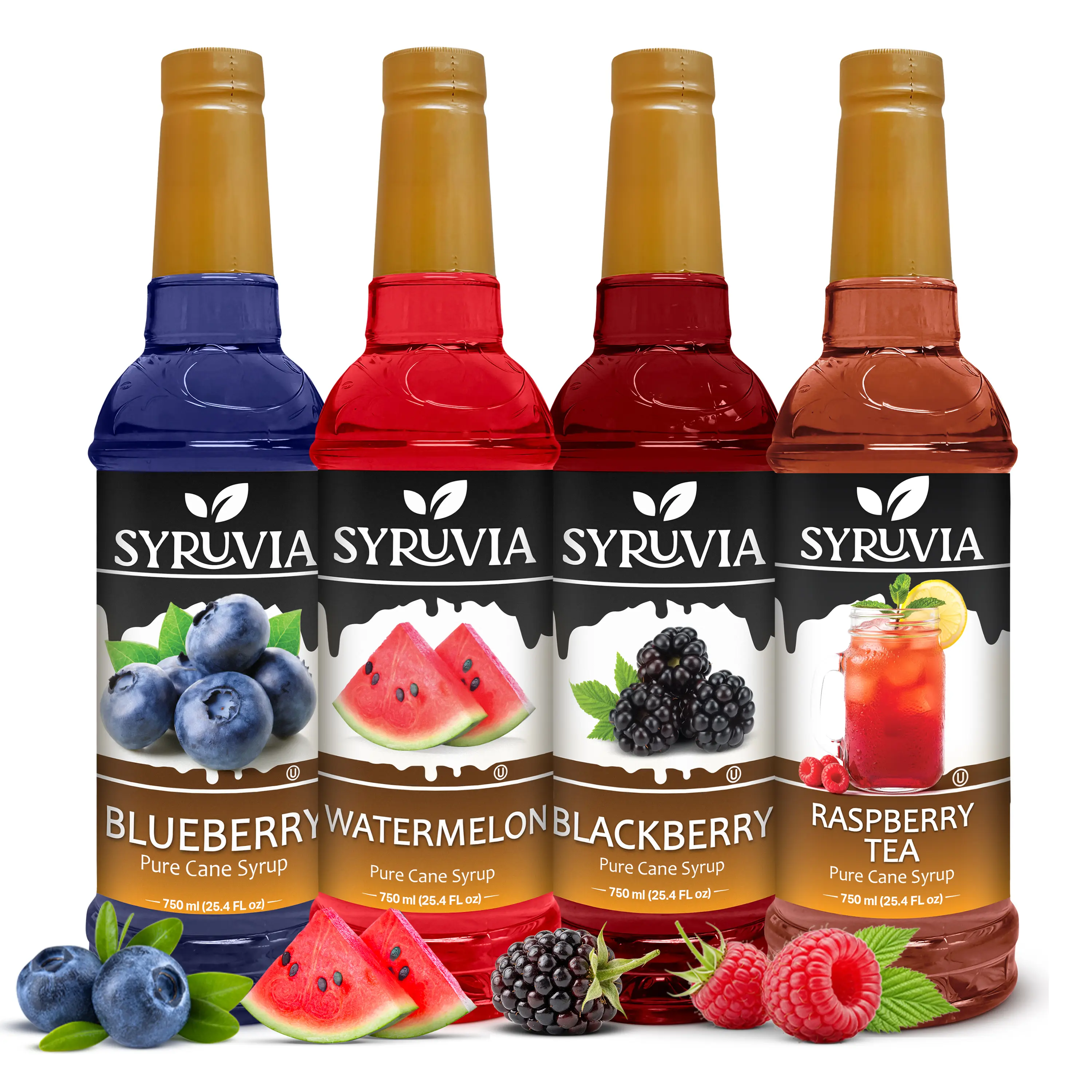 Syruvia Premium Fruity Sweet Dessert Syrup Pack - Gluten-Free, Cane Sugar, Watermelon, Blueberry, Blackberry, Raspberry Tea Flavors - 25.4 oz Ambient Plastic Bottles (4 Pack) for Cocktails, Mocktails