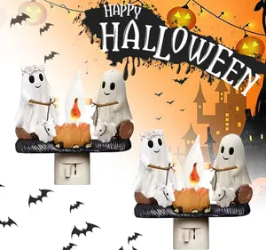Hand Made Ghost Campfire Flickering Nightlight-Indoor Decorations,3D LED Small Electric Faux Campfire Night Light，2025 Ghost Roasting At Campfire Nightlight, Faux Campfire Night Light Plug into Wall,Spooky Fire Marshmallow Night Light Halloween Gifts