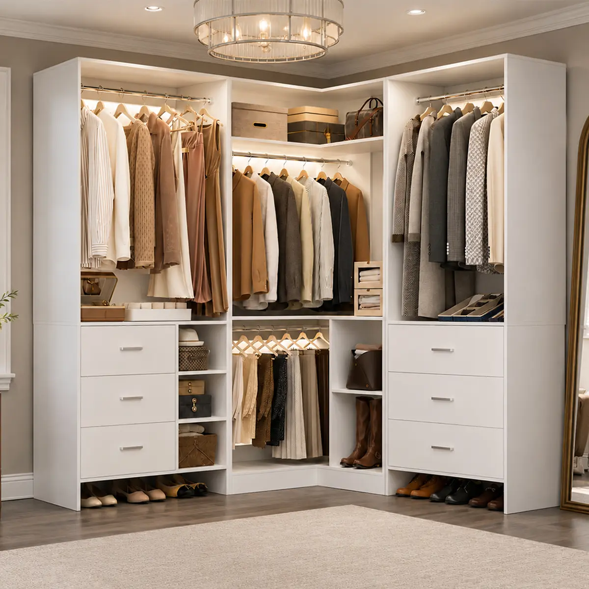 Cyclysio Modular Closet Organizer System,1 to 3 Piece Reversible Freestanding Walk-in Wood Wardrobe Storage Cabinet,  L-Shaped Corner Closet System with Drawers & Hanging Rods, Modern Home Organization Furniture for Bedroom