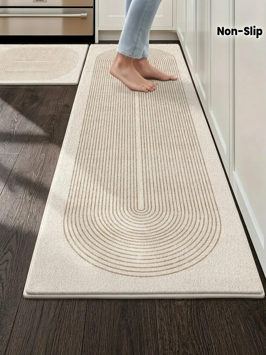 Daily Rectangle Flannel Kitchen Mat-Runner Rug, Ultra-Soft Non-Slip Geometric Lines Washable Rug for Sink Area, Minimalist Boho Home Decor Supply