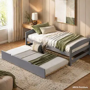 Gray Traditional Bed - Twin Size Pine Wood Platform Bed Frame, High Load Capacity, ARCH Space-Saving Design, with Twin Size Trundle