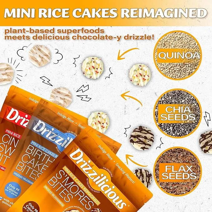 32 Pack - Drizzilicious - Variety Pack Mini Rice Cakes [S'mores, Cinnamon Swirl, Birthday Cake] Only 90 Calories Per Bag - .74 oz