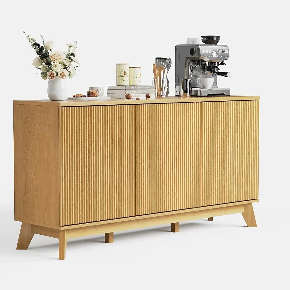 58 in Sturdy Natural Oak Modern Farmhouse Freestanding Buffet Cabinet - 4-Door Compartments, Curved Doors, Adjustable Shelves, Elevated Base Wood Storage Sideboard for Dining Room, Various Room Types, Entryway Organizer