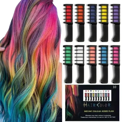 Reusable Vibrant Hair Chalk Comb, Hair Dye Comb, Washable Temporary Hair Color, Perfect Birthday Halloween Christmas Gift, 10 Colors Hair Styling Tool