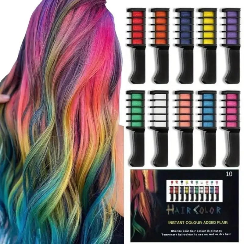 Reusable Colorful Vibrant Hair Chalk Comb, Washable Hair Dye, Temporary Hair Color, Perfect Birthday Halloween Christmas Gift, 10 Colors Hair Styling Tool, Multicolor Hair Dye