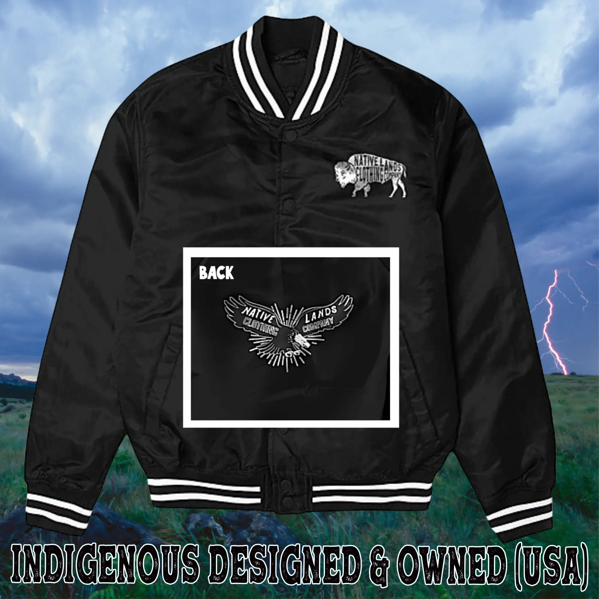 Eagle and Bison (front/back) Embroidered Varsity Bomber Jacket - Honoring First Nations, Inuit, Native American Indigenous Cultures
