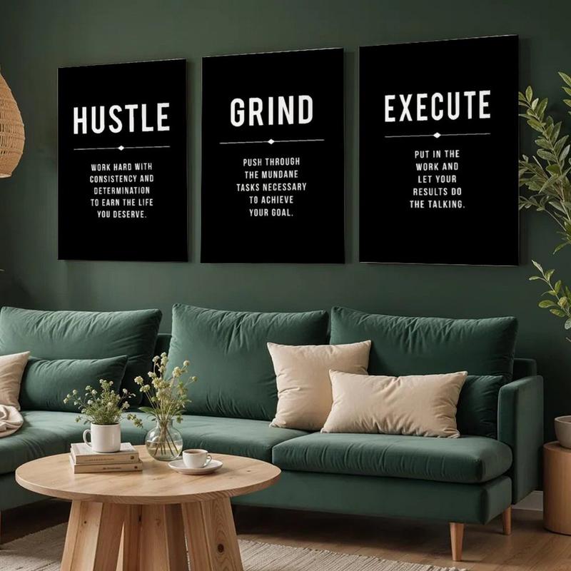 Motivational 3 Piece Set Wall Art Poster, Hustle Grind Execute Prints, Minimalist Office Decor, Printable Inspirational Poster
