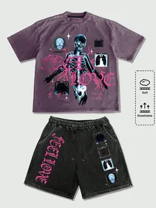 Edgy Darkwear X-Ray Print 2 Piece Outfit Breathable Soft Cotton Distressed Tee and Shorts Set Graphic Streetwear Set for Urban Techwear and Casual Daily Wear