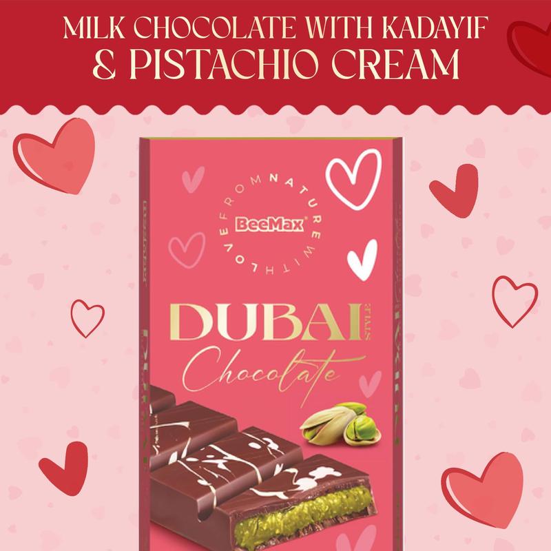 BeeMax Limited Valentine’s Pink Edition Dubai-Style Mini Chocolate Bar - 3.36 oz (Pack of 1) - Premium Milk Chocolate with Kadayif & Pistachios - Middle Eastern Indulgence - Valentine’s Day Gift - Imported from Turkey