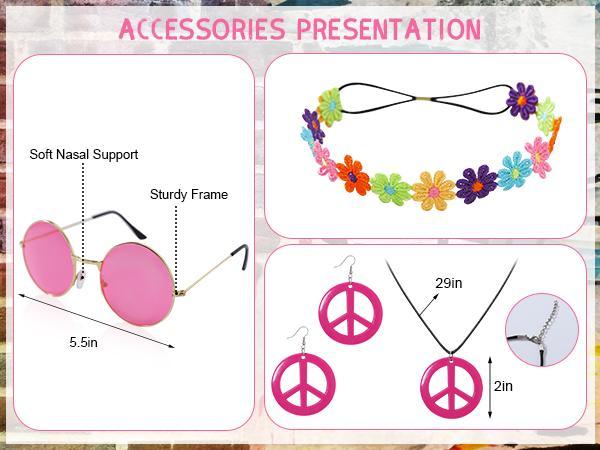 Women's Vintage 60s-70s Polyester Hippie Costume Set - Retro Fringe Vest Cowgirl Outfit with Flower-Crystal Headband, Sunglasses, Earrings, Necklace for Halloween Fancy Dress Cosplay