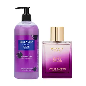 BellaVita Luxury Date Perfume & Body Wash Combo for Women | Eau De Parfum with Pink Pepper, Red Fruits & Jasmine (100ml) + Sensual Warm Shower Gel with Aloe Vera (500ml) | Fruity, Spicy, Long-Lasting & Hydrating Daily Care Set