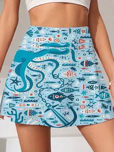 Summer Women's Lightweight Sporty Tennis Skirt and Shorts Set with Pockets, Ocean Print, Ideal for Running Yoga Fitness