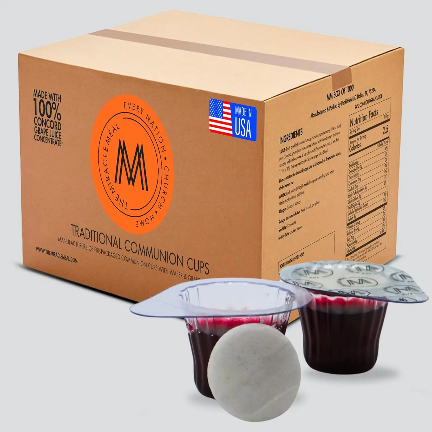 The Miracle Meal Disposable Pre-Filled Communion Cups and Wafer Set - Single-Serve, 1000 Units, 100% Concord Grape Juice, Premium, 1-Year Shelf Life, Made in the USA, Every Occasion, Ideal for Church Staff
