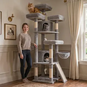 Deskat F80H Inch Cat Tree for Large Cats, Two Condos, Hammocks, with Sisal Posts