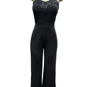 Black Jumpsuit with Sequin Embellished Bodice and Wide Leg Design for Elegant Outfits