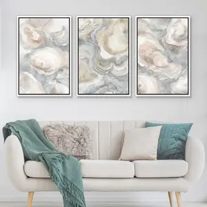 Abstract Oyster Shell Wall Art - Set of 3 Framed Coastal Watercolor Canvas Prints, Neutral Beige Blue Modern Ocean Decor for kitchen