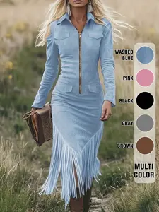 Western Cowboy Style Suede Fringe Fitted Bodycon Long Sleeve Dress, Women's Casual Fashion, Perfect for Parties and Daily Wear, Womenswear