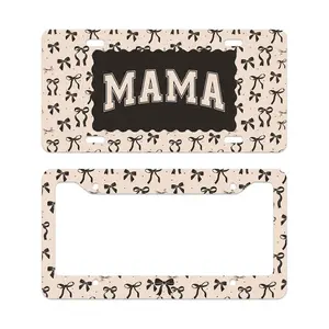 Mama Bow License Plate & Frame Set 12x6 Aluminum, Coquette Car Tag, Cute Black Ribbon Vanity Plate Gift for Her
