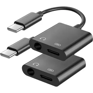 USB C to 3.5mm Headphone Jack and Charger Adapter, 2-in-1 Audio &   Splitter for   17/16/15/Pro/Pro Max, iPad, , Pixel, and  2Pack Black