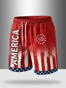 Men's Trendy Drawstring Waist Short Pants, Vintage Star Flag Design, Casual Sportswear for Outdoor Activities, Perfect for Vacation Style, Casual Athletic Shorts