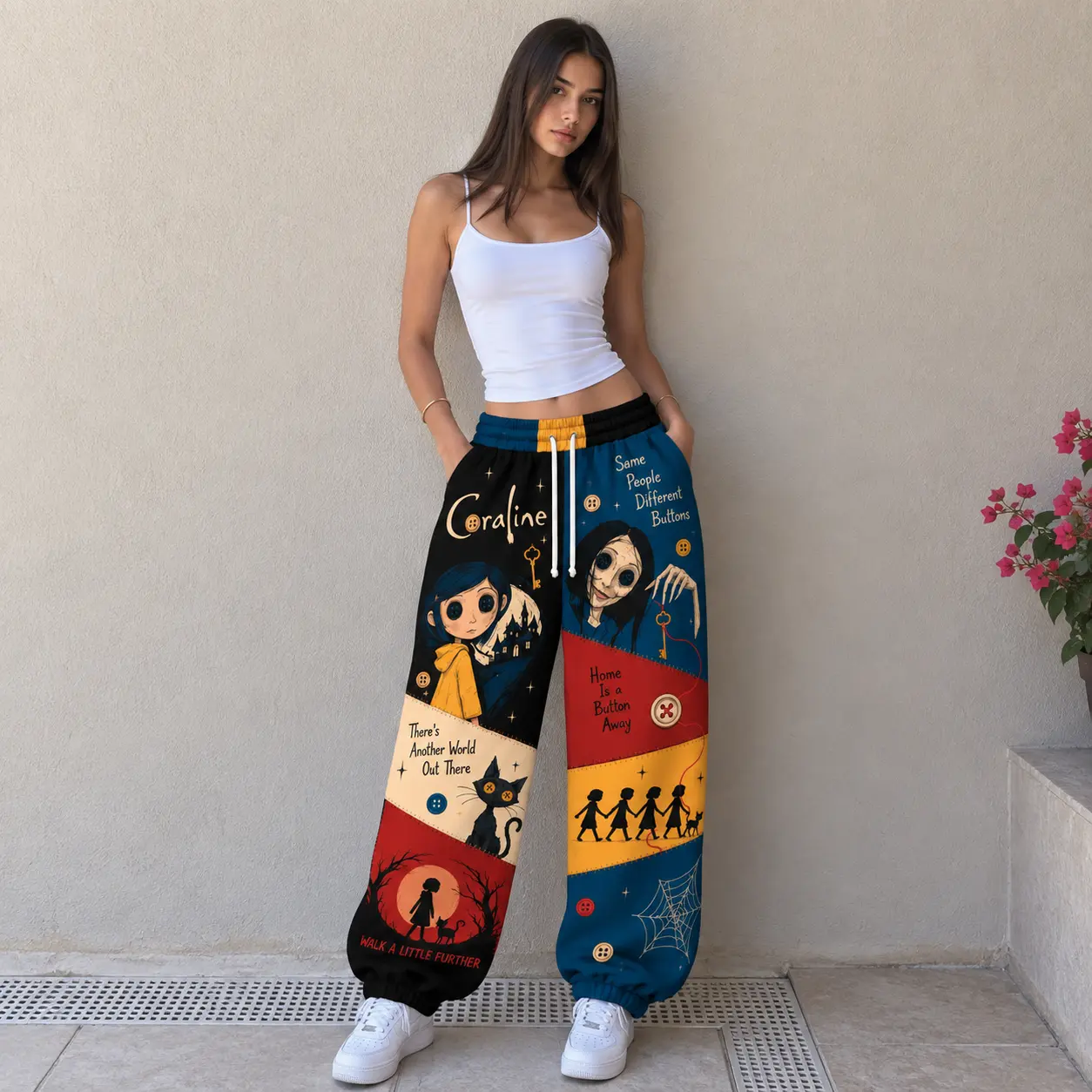 C0raline Patchwork Sweatpants, Other World Button Eye Jogger Pants, Spooky Gothic Graphic Pants, Halloween Unisex Streetwear, Movie Fan Gift