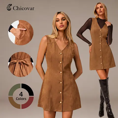 Chicovar Women's Faux Suede Button Down Vest Dress with Pockets & Adjustable Back Tie Sleeveless V-Neck Cute A-Line Mini Pinafore Dresses for Versatile Autumn Layering Outfit Sohochic