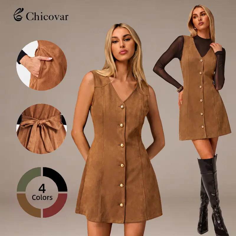 Chicovar Women's Faux Suede Button Down Vest Dress with Pockets & Adjustable Back Tie Sleeveless V-Neck Cute A-Line Mini Pinafore Dresses for Versatile Autumn Layering Outfit Sohochic