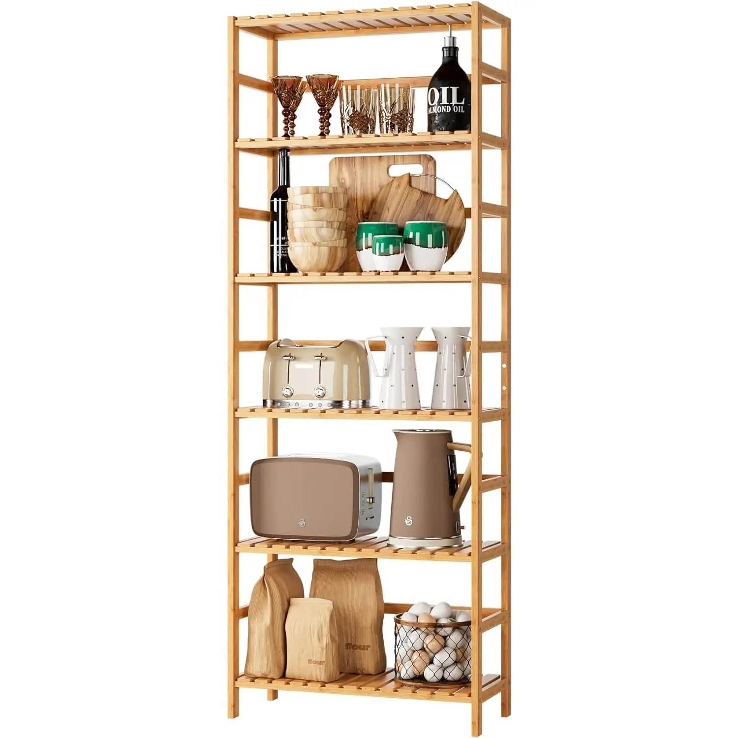 6-Tier Bamboo Shelf, Bamboo Bookcase with Adjustable Shelves, Free Standing Storage Shelf Unit, Plant Flower Stand for Kitchen, Bathroom, Home Office, Natural
