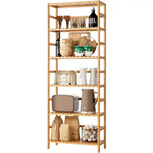 6-Tier Bamboo Shelf, Bamboo Bookcase with Adjustable Shelves, Free Standing Storage Shelf Unit, Plant Flower Stand for Kitchen, Bathroom, Home Office, Natural
